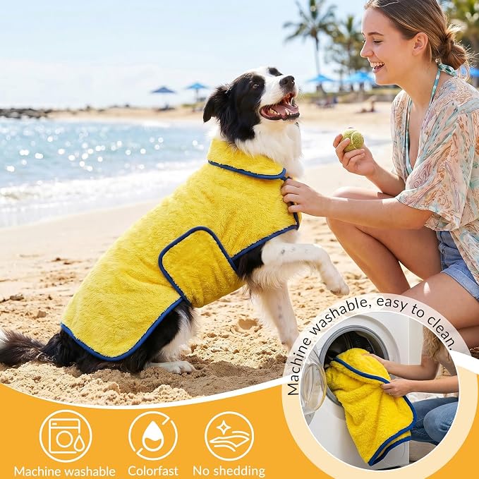 Bienbee Dog Bathrobe, Super Absorbent for Small to Large Dogs, Yellow 2XL | Dog Robes with Soft Fleece, Warm & Cozy, Adjustable Fit, and Quick Drying Coat for Baths Swimming and Grooming