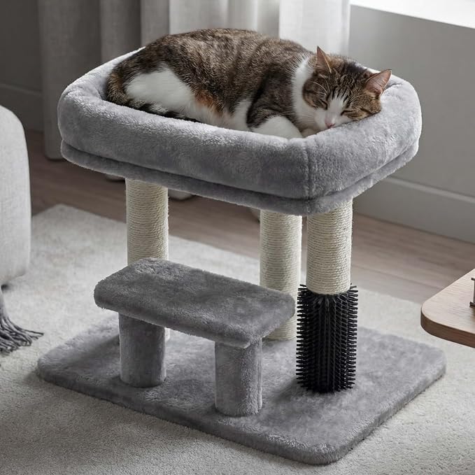 Heybly Cat Scratching Post with Grooming Brush & Gentle Step, HSP001SW | Small Cat Tree with 4 Full Sisal Posts, Removable Plush Bed, Stable & Space-Saving Cat Furniture for Indoor Cats, Light Gray