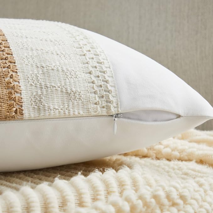 2pk Boho Pillow Covers 24x24, Natural White/Contrast/Brown | 100% Organic Cotton Body, Stripe Embroidery, Farmhouse Decorative Cushion Covers for Sofa Bed Living Room Home Decor