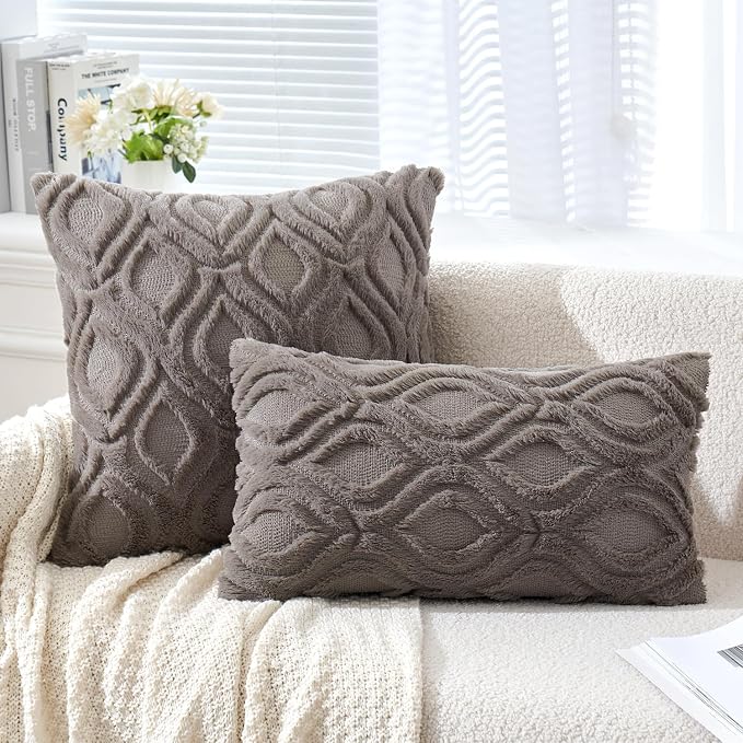 MIULEE Dark Grey Soft Plush Faux Wool Lumbar Throw Pillow Covers 12x20 | Set of 2, Farmhouse Boho Home Decor, Decorative Cushion Covers for Sofa, Living Room, Bed