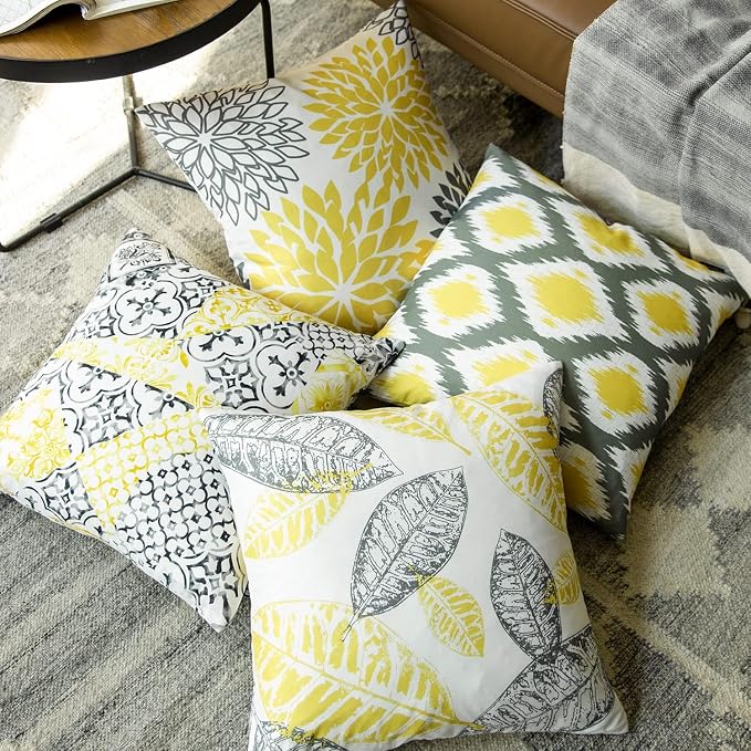 Phantoscope Set of 4 New Living Series Yellow and Grey Decorative Throw Pillow Case Cushion Cover 20 x 20 inches 50 x 50 cm