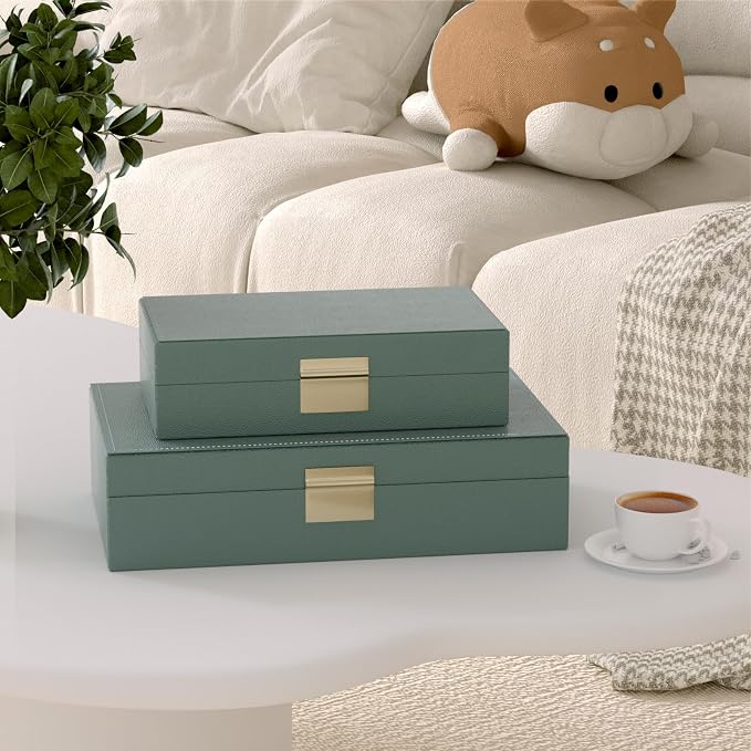 Decorative Storage Box Set of 2, PU Leather Organizer for Home Decor Green | Multi-Purpose Beautiful Decorative Container with Lids Store Photos, Documents, Memory Box Keepsakes Collect, ideal for Gifts