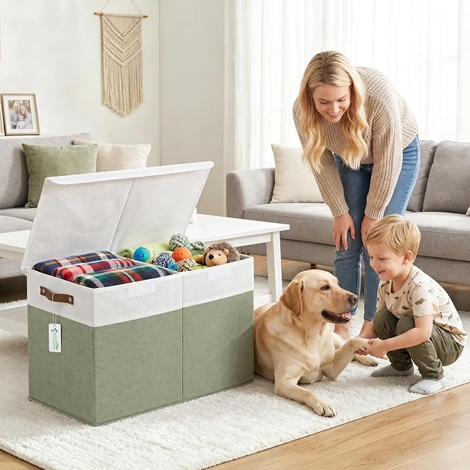 Large Toy Storage Box with Lids, Collapsible Sturdy Baby Storage Organizer Chest Bin Basket for Kids, Boys, Girls, Playroom, Nursery, Bedroom, Closet 25"x13"x16" (Green and White)