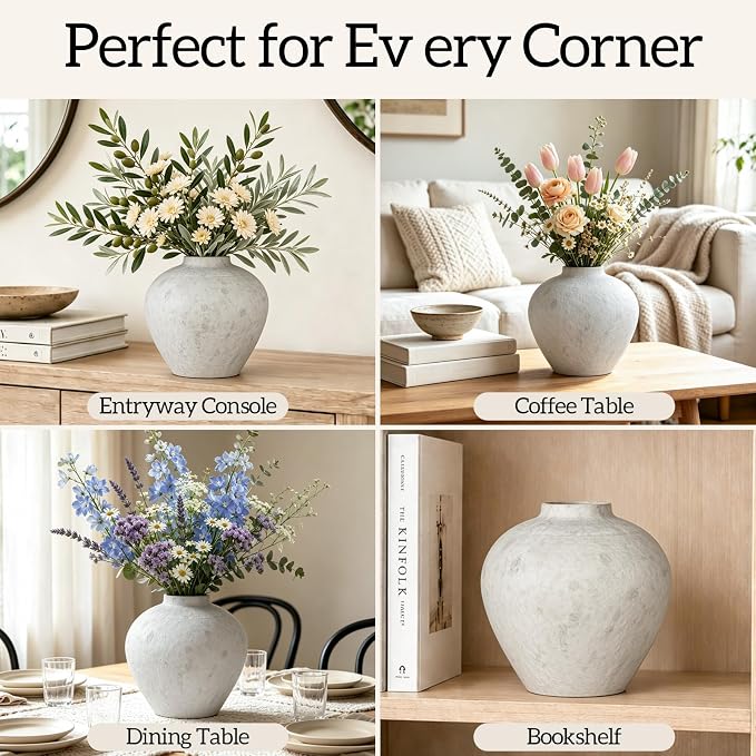 Ceramic Flower Vase Rustic Farmhouse Home Decor | 6.3 Inch White Round Decorative Vase, Ideal Table Decor for Living Room, Wedding, Birthday, Holiday