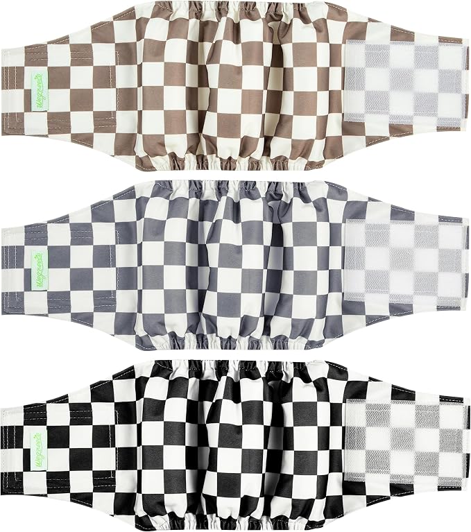 wegreeco Washable Male Dog Belly Band (Stylish Pattern)- Pack of 3 - Washable Male Dog Belly Wrap, Dog Diapers Male (Black, Grey, Dark Coffee Checkerboard, Medium)
