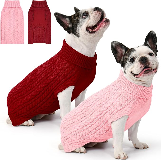 Dog Sweater 2 Pack for Medium Dogs, Size L, Pink & Red | Stretchy cable knit turtleneck, machine washable, high belly cut, comfy winter fit for French Bulldog, Corgi