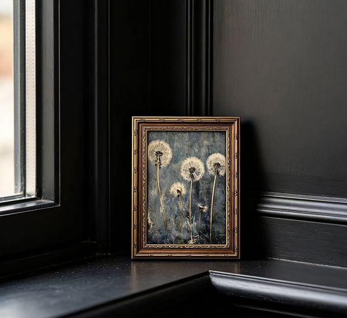 Vintage Gold Framed Dandelion Wall Art Moody Cottagecore Dandelion Painting Canvas Print Gothic Dark Plant Print Poster Wall Decor Retro Moody Plant Floral Poster Artwork for Bedroom Living room