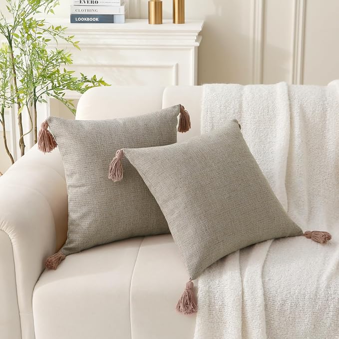 Decorative Throw Pillow with Tassels, 18x18 Farmhouse Pillows with Inserts, Square Boho Pillow for Couch, Patio, Bed, Sofa Decor (Light Linen, 18" x 18"(Pack of 2))
