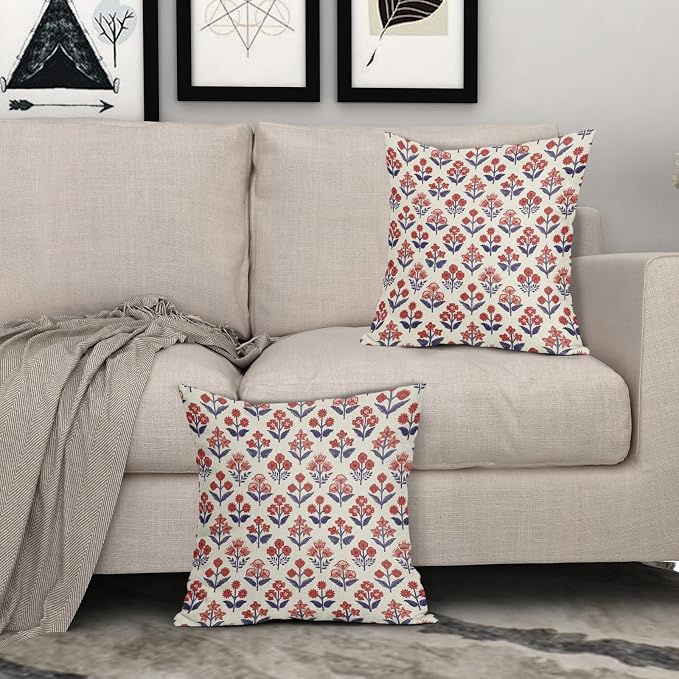 4th of July Patriotic Floral Block Print Pillow Covers 18x18 Inch Set of 2, Navy Blue Red Vintage Flower Decorative Throw Pillowcases Outdoor Memorial Day Cushion Covers Holiday Sofa Couch Bed Decor