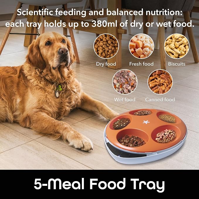 Geeni Smart Pet Feeder for Wet or Dry Food, 5-Meal with Ice Packs, White | Automatic dog and cat feeder, programmable timer, battery backup, Alexa and Google Home compatible