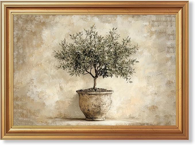 JLTULT Olive Tree Wall Art, Gold Framed Botanical Canvas, 16 x 24 Inches | Potted olive tree art on fade-resistant canvas with a ready-to-hang gold-tone PS frame for kitchens, dining rooms and offices