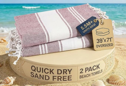 LANE LINEN Turkish Beach Towels, 2 Pack Extra Large Beach Towel, Pre-Washed for Soft Feel, Oversized Sand Free Quick-Dry Pool Towel, Beach Towels for Adults, 39"x71" - Wistful Mauve