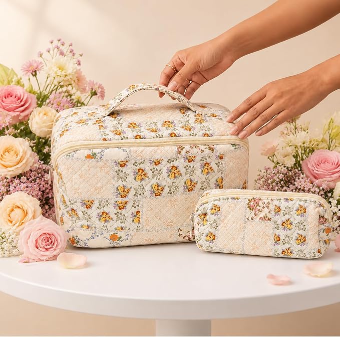 Travel Makeup Bag for Women,Large Capacity Quilted Cosmetic bag， 2PCS Make up Bag Set Open Flat Toiletry Bag for Skincare, Brushes & Travel Essentials (Colorful)
