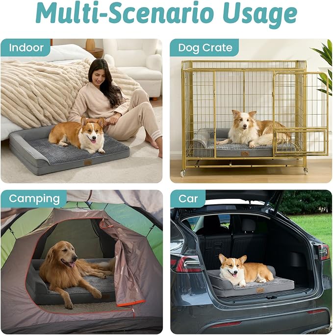 COZY KISS Orthopedic Dog Bed for Extra Large Dogs, L Shaped XL 44x32 inch | Non-Slip Bottom Soft Pet Sofa with Washable Removable Waterproof Cover, Egg-Crate Foam Couch with Portable Handle, Grey