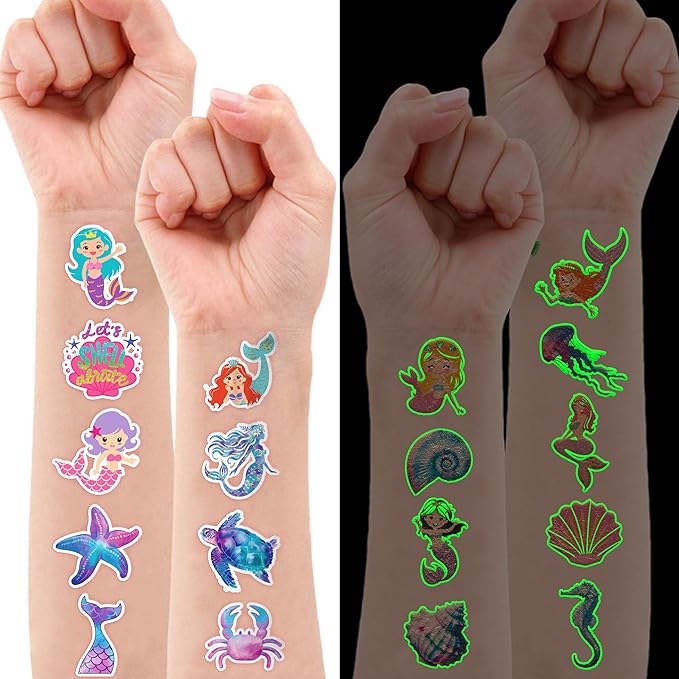 96 PCS Mermaid Ocean Sea Pre-Cut Luminous Glow in the dark Temporary Tattoos for Kids | Super Cute Themed Birthday Party Favors Supplies Decorations, Fake Tattoo Stickers Gifts for Boys Girls Rewards