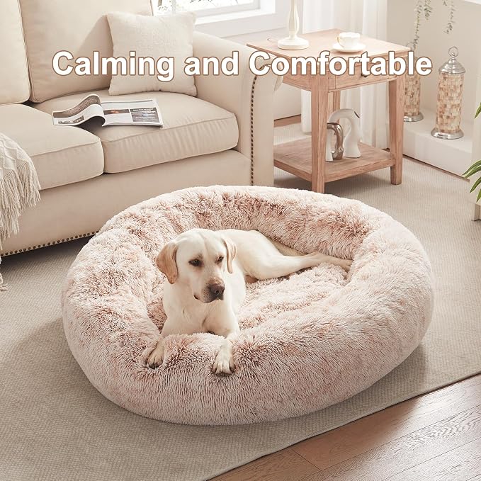 45 in Faux Fur Fluffy Donut Dog Bed for Extra Large Dogs,Brown | Calming Plush Round Jumbo Pet Bed with Removable & Washable Cover,Fits up to 120 lbs Pets