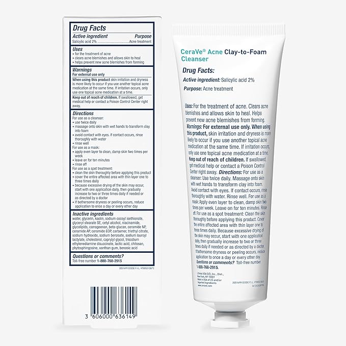 CeraVe Clay To Foam Acne Face Wash,Salicylic Acid & Kaolin Clay Acne Spot Treatment Clears Pimples & Blackheads, Prevents Breakouts, Hydrates & Soothes, Fragrance-Free, Non-Comedogenic,4oz,(Pack of 2)