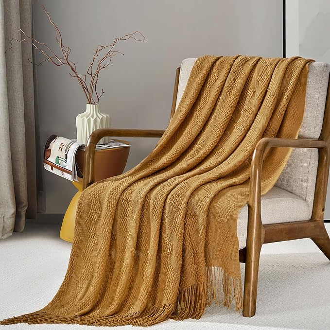BOURINA Almond Throw Blanket 50x60 Inches Throw Textured Solid Soft Ripple Throws and Blankets for Sofa or Bed Knitted Decorative Throw