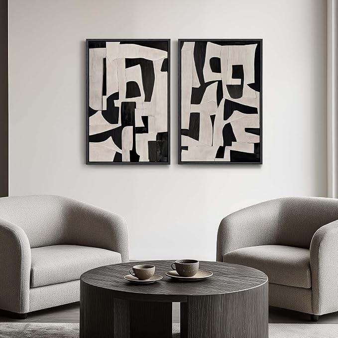 Large Framed Black and Beige Abstract Wall Art, Set of 2 Piece Minimalist Canvas Paintings Artwork for Walls, Modern Art Prints Pictures for Living Room Hallway Dining Room Bedroom Office Wall Decor