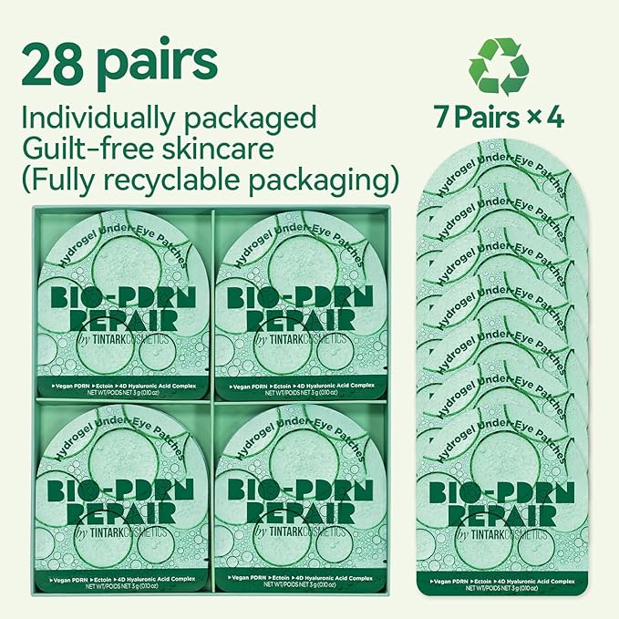 Tintark Bio-PDRN Repair Hydrogel Eye Patches (28 Pairs) - Vegan PDRN (Sodium DNA), Ectoin & 4D Hyaluronic Acid Eye Mask for Rapid Skin Cell Renewal & Repair, Travel & Self Care Essentials