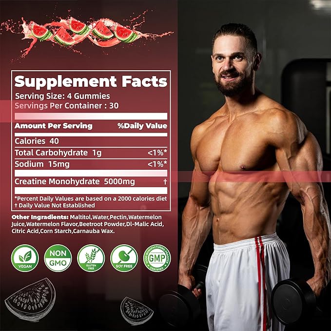 Nutravita Creatine Monohydrate Gummies for Men & Women, Creatine Monohydrate for Muscle Strength, Muscle Builder, Energy Boost, Pre-Workout Supplement(120 Count)-Watermelon Flavor