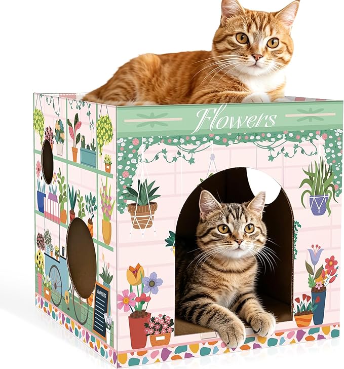 Cinrobiye Cardboard Cat House with 2 Pcs Scratching Pad，Pet Hideaway Cave Board Bed Playhouse Condo Box Decor Small Animals Scratcher Bed for Indoor Cats Kittens Rabbits Bunny