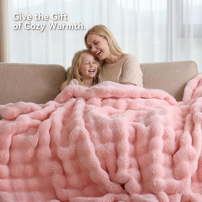 Faux Rabbit Fur Throw for Couch - Blush Pink Bubble Blanket 50"x60" | Fluffy Plush Fuzzy Throw for Sofa & Bed, Super Soft Cozy Comfrt Blanket, Luxury Aesthetic Pink Decor Gift for Women