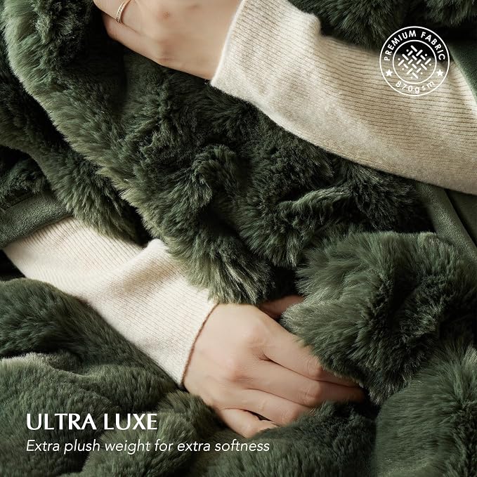 Faux Rabbit Fur Bubble Throw Blanket, 50"x60", Green | Ultra Soft, Luxury Faux Rabbit Fur Throw, Thick Warm Bubble Blanket, Cozy Fluffy Reversible, for Bed, Couch, Chair, Sofa