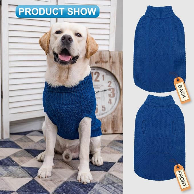 Mihachi Turtleneck Dog Sweater - Winter Coat Apparel Classic Cable Knit Clothes with Leash Hole for Cold Weather, Ideal Gift for Pet in New Year Royal Blue M-Largel