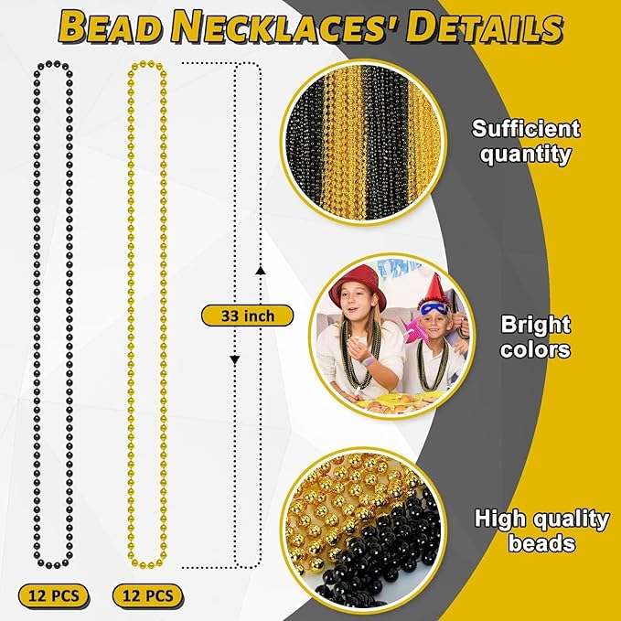 24PCS New Years Eve Bead Party Supplies, Black Gold Bead Necklace, 33" New Years Eve Beaded Necklaces, Festival Parade Throw Accessories for Halloween Trick or Treat Accessories