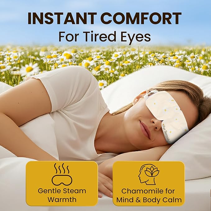 Eye Serenity Steam Eye Mask, Heated Eye Mask, Self Heating Warm Compress for Dry Eyes, Fast Relief for Stye, Puffy Sensitive Eyes, Moist Heat, Mothers Day Gifts for Women and Men - Chamomile