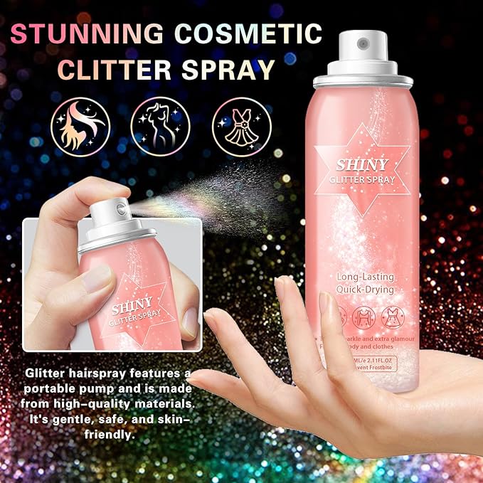 DAMUSI Body Glitter Spray, Shiny Hair and Body Glitter Spray for Clothes, Holographic Glitter Hairspray Quick-Drying Lasting Shimmer Highlighter Powder for Festival Concert Party Rave Prom 2.11 Fl Oz