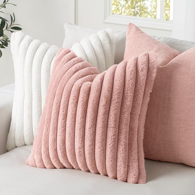 MIULEE Faux Fur Decorative Euro Sham Pillow Covers 24x24 Blush Pink 2 Pack | Modern Cute Soft Plush Couch Pillows, Cozy Fluffy Cushion Covers for Sofa Bed Living Room Home Decor