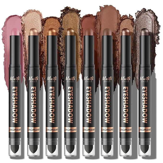 LANGMANNI 8Colors Dual-Ended Cream Eyeshadow Stick Set – Silky Smooth, Waterproof & Transfer-Proof, Built-in Blender Brush, All-Day Matte & Shimmer Wear Eye Makeup(#B)