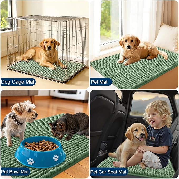 OLANLY Dog Door Mat for Muddy Paws 24x16, Extra Absorbent Chenille Mud Mat | Olive Green, Absorbs Moisture and Dirt, Non-Slip Machine Washable Doormat, Quick-Drying Indoor Entryway Floor Mat for Dogs