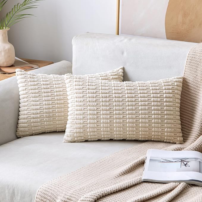 MIULEE Lumbar Corduroy Decorative Throw Pillow Covers 24x14 Cream White | Pack of 2 Soft Boho Striped Pillow Covers Modern Farmhouse Home Decor For Sofa Living Room Couch Bed
