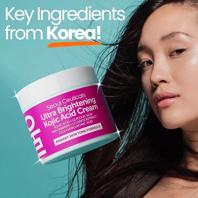 SeoulCeuticals Korean Kojic Acid Cream Dark Spot Remover + Glycolic Acid + Niacinamide + Cica + HA Moisturizer - Cruelty Free K Beauty Skincare 2oz (Pack of 2)