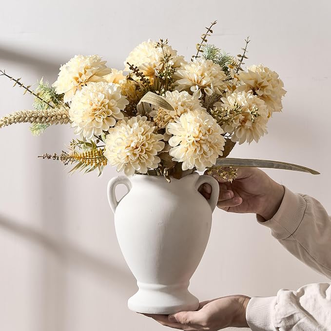 Ceramic Rustic Flower Vase with Handles, 8.46 Inch Tall Vintage Pottery Home Decor, Farmhouse Terracotta Vase for Living Room, Table, Shelf, Mantel Decoration, Farmhouse- Off-White