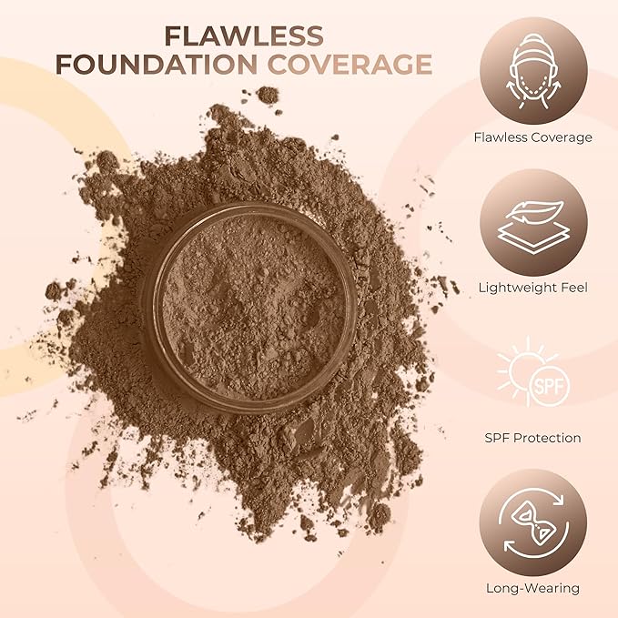 4pc Full Size Kit (Ebony Shade) Mineral Makeup Matte Translucent Loose Foundation + Kabuki Brush + Concealer + Finishing Setting Powder + Bare Face Full Coverage SPF 30 All Skin Types Waterproof