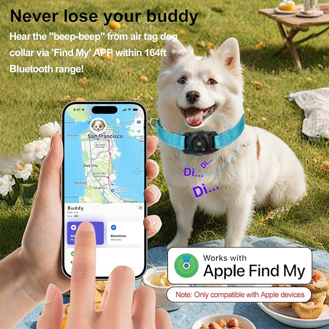 Smart Tracker Dog Collar, Waterproof Dog Collars Holder with Tracker Tag for Apple Find My (iOS Only) Reflective Pet Dog Collar Tracking for Small Medium Large Dogs (SkyBlue, M)