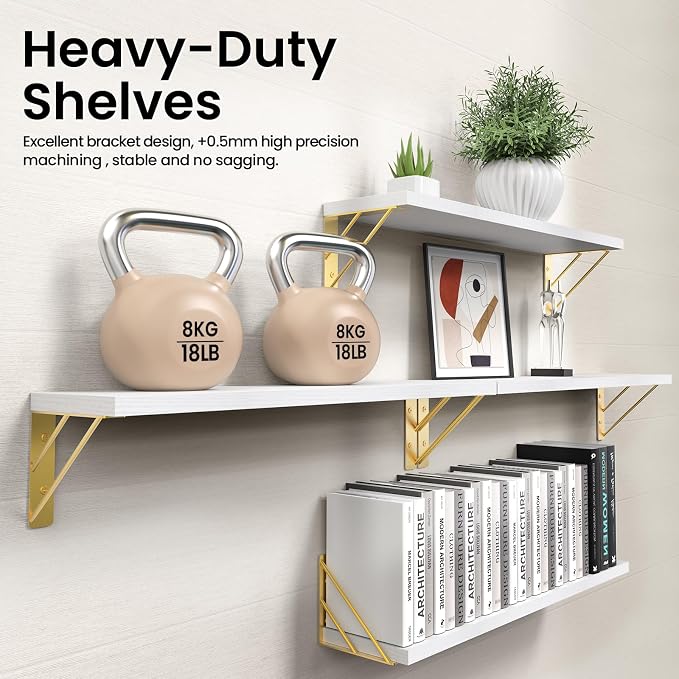 BAYKA Wall Shelves for Bedroom Decor, Floating Wall Shelf for Living Room Kitchen Storage, Mounted Rustic Wood Shelves for Kids Books, Corner Shelf for Bathroom(White and Gold，23in，Set of 4)