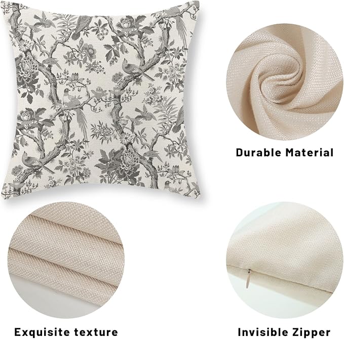 Black Floral Bird Pillow Covers 18x18 Set of 2 Chinoiserie Throw Pillows Black Vintage Flowers Bird Decorative Pillow Cases Outdoor Chinoiserie Decor Farmhouse Cushion Case for Couch Sofa