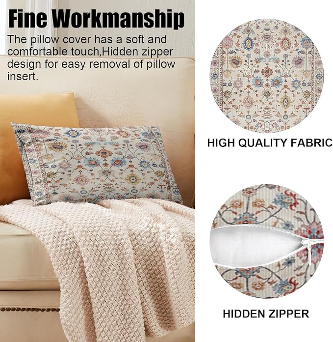 Boho Throw Pillow Covers 12x20 inch Set of 2,Soft Pillowcases Bohemia Carpet Printing Pattern Decorative Sofa Living Room Bed Rectangle Pillow Case Cushion Cover-Flower