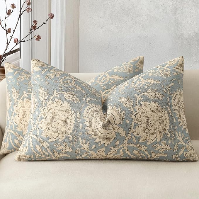 Vintage Floral Print Throw Pillow Covers 12x20 Set of 2 Neutral Modern Farmhouse Pillowcases Accent Decorative Cushion Covers Boho Home Decor for Couch Sofa Chair Bed Living Room, Sky Blue