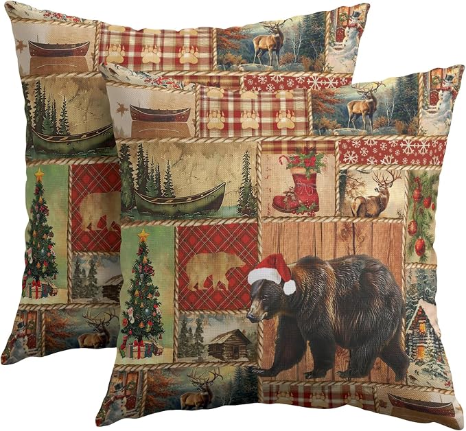Kawani Christmas Bear Throw Pillow Covers 18x18 Inch - Set of 2 Xmas Log Cabin Wildlife Winter Cotton Linen Square Pillowcase Cushion Cover for Patio Couch Sofa Bedroom Living Room Decor