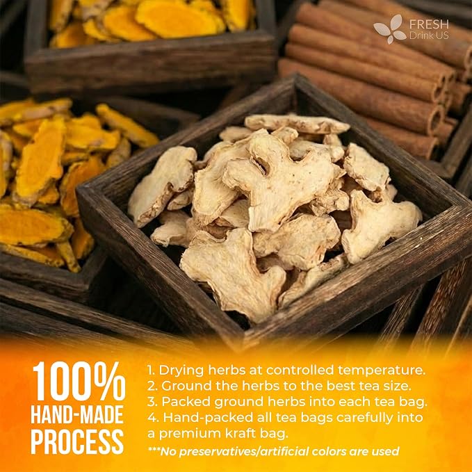 FreshDrinkUS, Premium Turmeric Ginger Cinnamon Tea Bags | 75 Tea Bags | Herbal Spice Tea Blend, Naturally Caffeine Free, Warm & Aromatic Flavor, 100% Natural Ingredients, Convenient Tea Bags