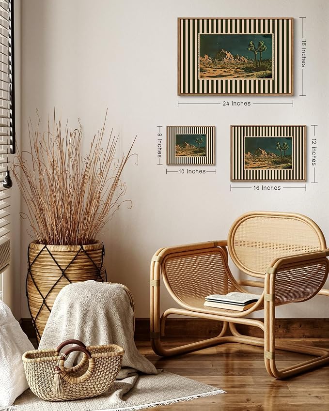 ZZLWBKGL Desert Canvas Art Boho Framed Wall Art for Living Room 12x16in | Vintage Western Artwork Southwestern Cactus Picture Mid Century Striped Paintings for Bedroom Study