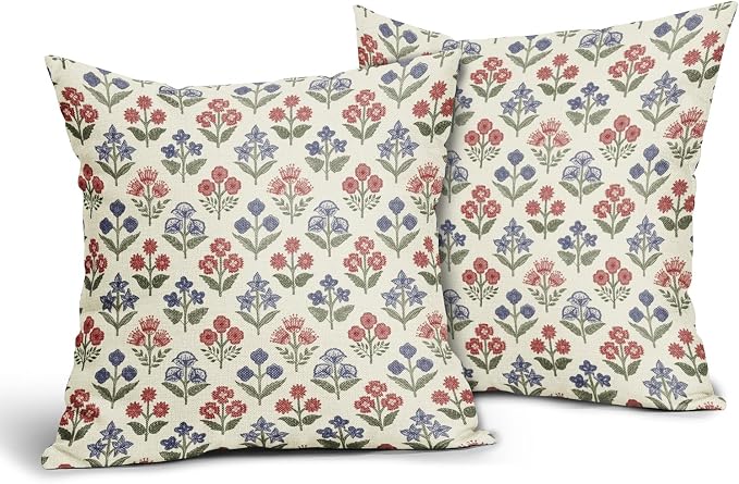 4th of July Patriotic Floral Pillow Covers 22x22 Inch Set of 2, Navy Blue Red Green Flower Block Print Decorative Throw Pillowcases Outdoor Memorial Day Holiday Cushion Covers Sofa Couch Bed Decor