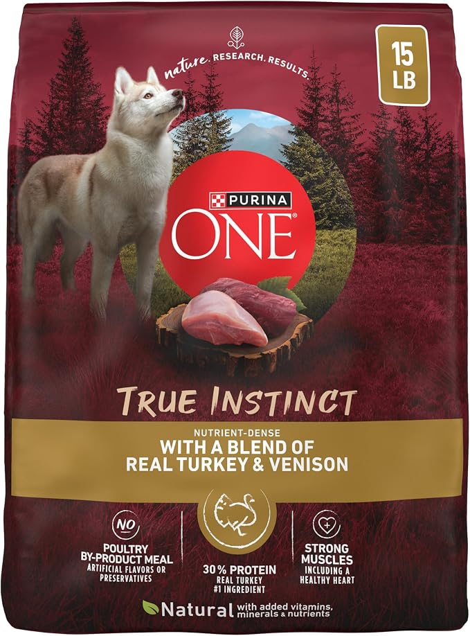 Purina ONE True Instinct Dry Dog Food, Real Turkey & Venison, 15 lb Bag | Nutrient dense, with 30% protein to help support strong muscles, natural with added vitamins, minerals and nutrients