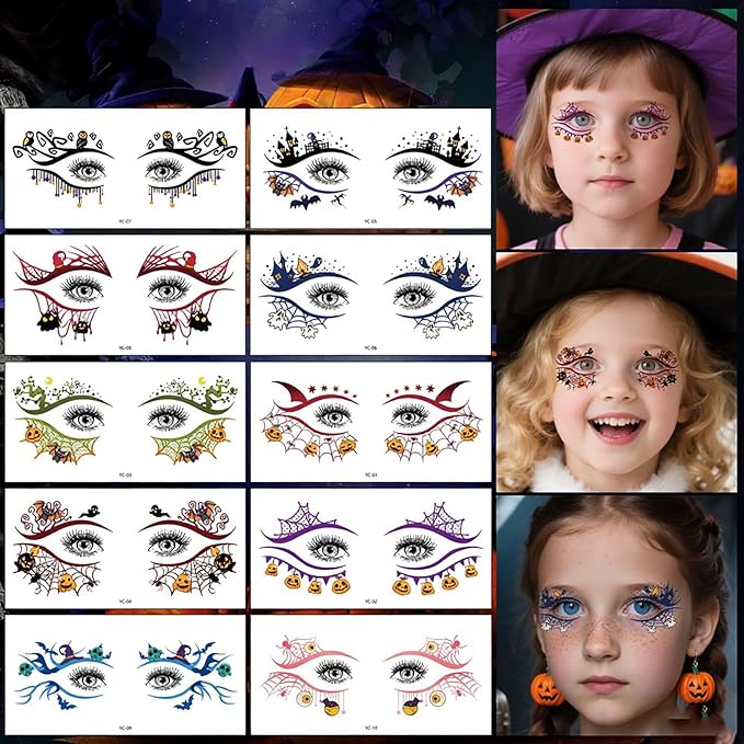 10 Sheets Halloween Temporary Tattoos Colorful Eye Fake Tattoos Halloween Mixed Styles Spider Web Tattoos Waterproof Cobweb Tattoo Cute Pumpkin Ghost Stickers for Kids Boys Girls Body Art Makeup
